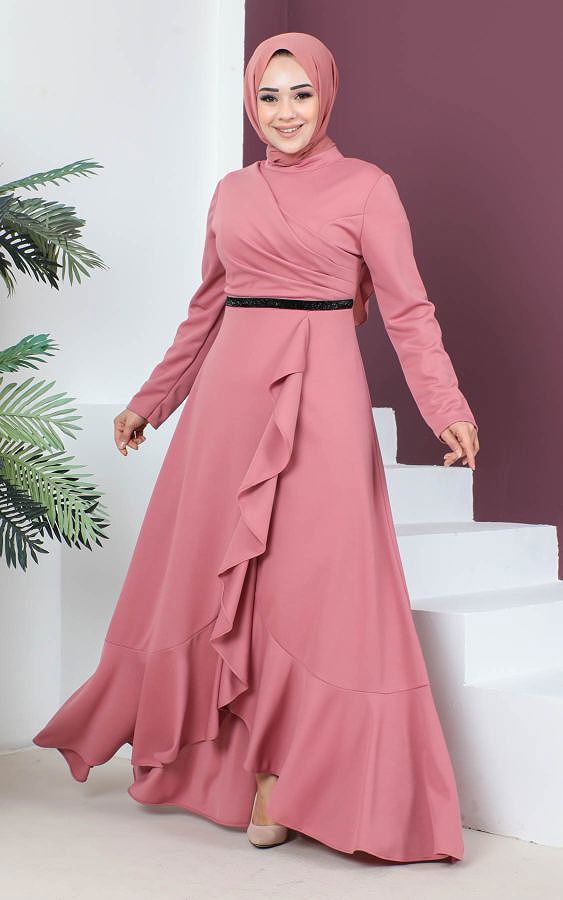 DrapeliTesettür Elbise-3134 Gülkurusu