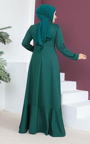 DrapeliTesettür Elbise-3134 Zümrütyeşili - Thumbnail