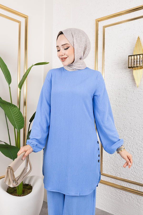 Düğme Detaylı Bürümcük Kumaş Tesettür Takım-3153 Bebe mavisi