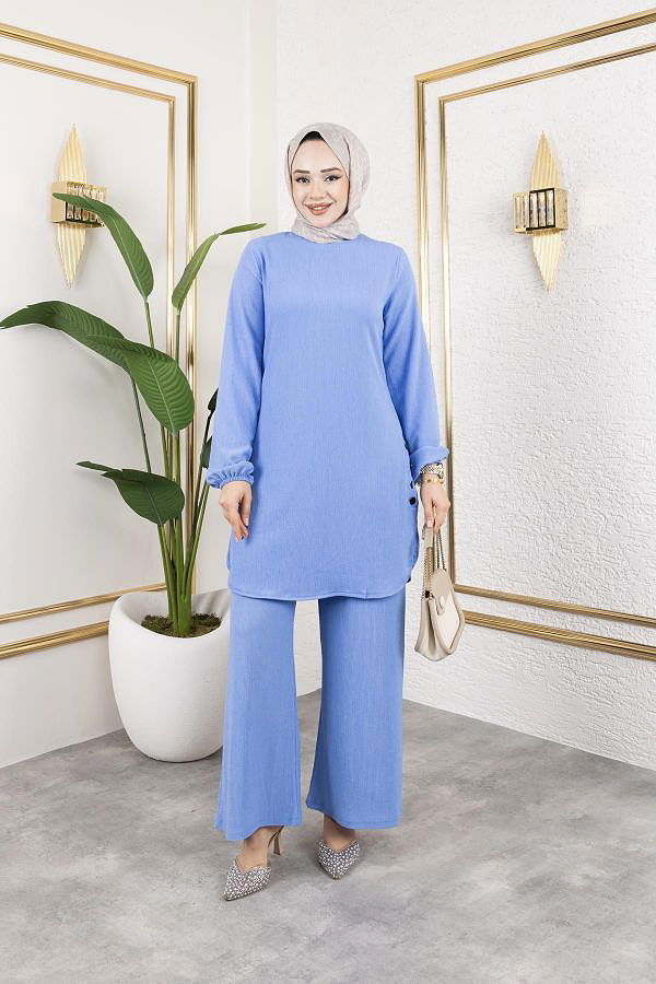 Düğme Detaylı Bürümcük Kumaş Tesettür Takım-3153 Bebe mavisi