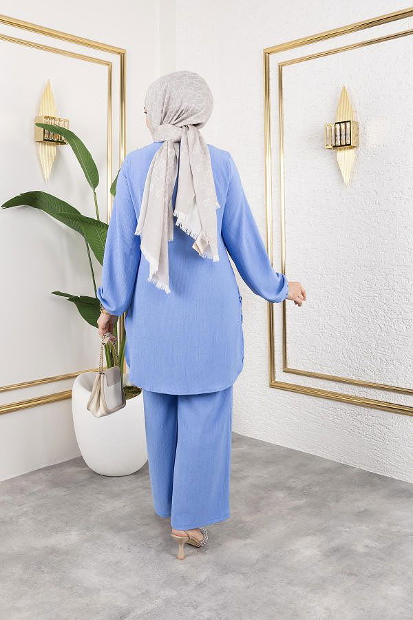 Düğme Detaylı Bürümcük Kumaş Tesettür Takım-3153 Bebe mavisi