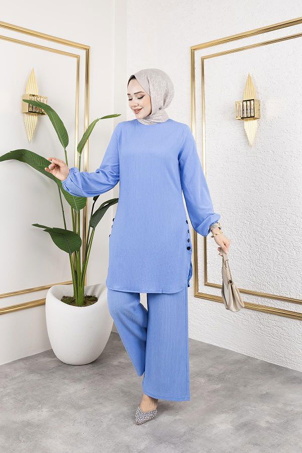 Düğme Detaylı Bürümcük Kumaş Tesettür Takım-3153 Bebe mavisi