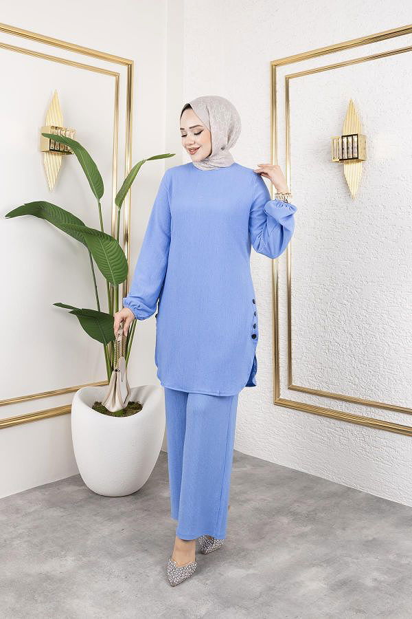 Düğme Detaylı Bürümcük Kumaş Tesettür Takım-3153 Bebe mavisi