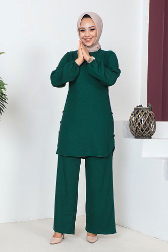 Düğme Detaylı Bürümcük Kumaş Tesettür Takım-3153 Zümrütyeşili - Thumbnail