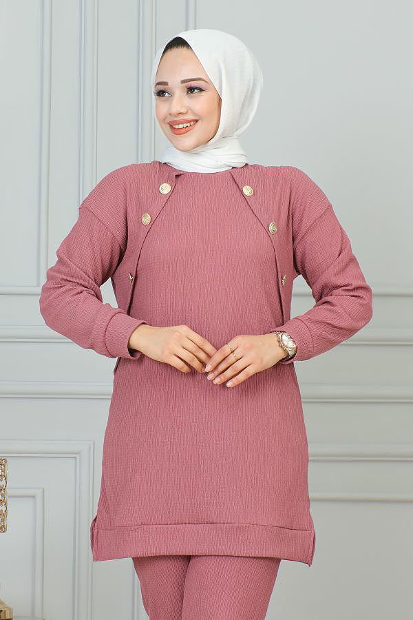 Düğme Detaylı İkili Bürümcük Takım-4008 Gülkurusu
