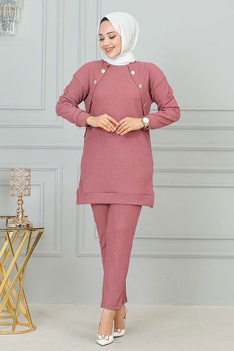 Düğme Detaylı İkili Bürümcük Takım-4008 Gülkurusu - Thumbnail