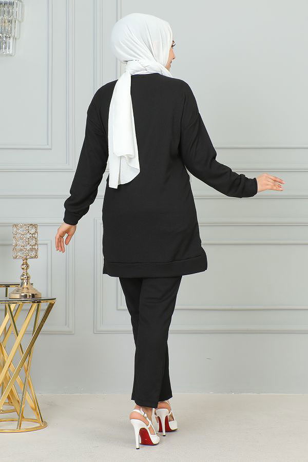 Düğme Detaylı İkili Bürümcük Takım-4008 Siyah