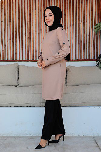 Düğme Detaylı İkili Tesettür Takım-3150 Vizon - Thumbnail