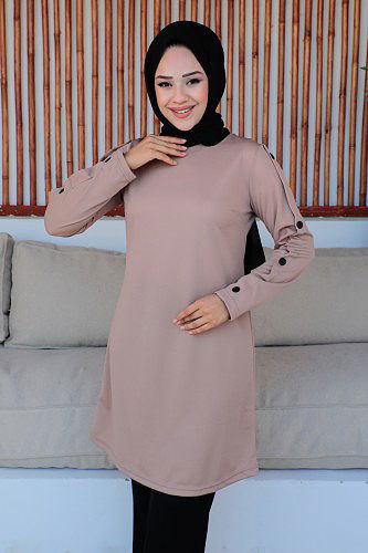 Düğme Detaylı İkili Tesettür Takım-3150 Vizon - Thumbnail