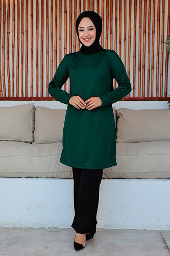 Düğme Detaylı İkili Tesettür Takım-3150 Zümrütyeşili - Thumbnail