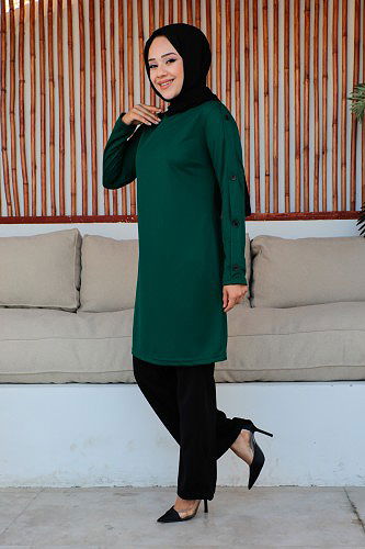 Düğme Detaylı İkili Tesettür Takım-3150 Zümrütyeşili - Thumbnail