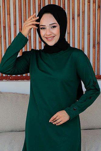 Düğme Detaylı İkili Tesettür Takım-3150 Zümrütyeşili - Thumbnail