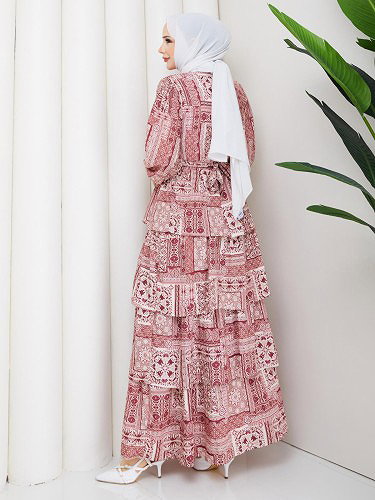 Eteği Katlı Desenli Elbise-5165 Bordo - Thumbnail