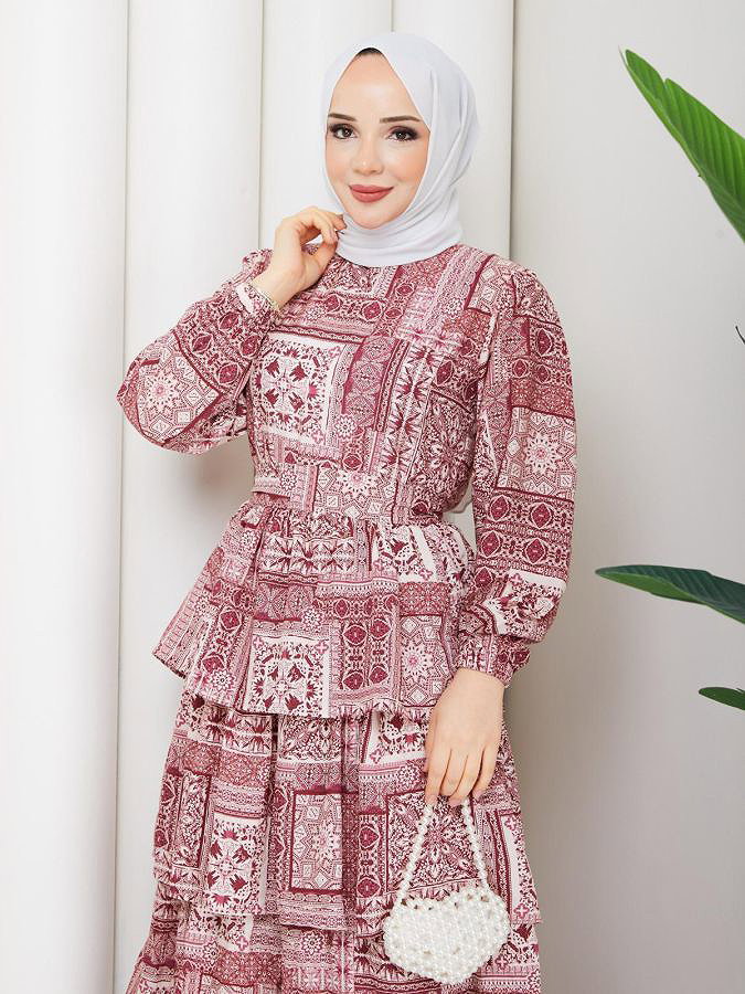 Eteği Katlı Desenli Elbise-5165 Bordo