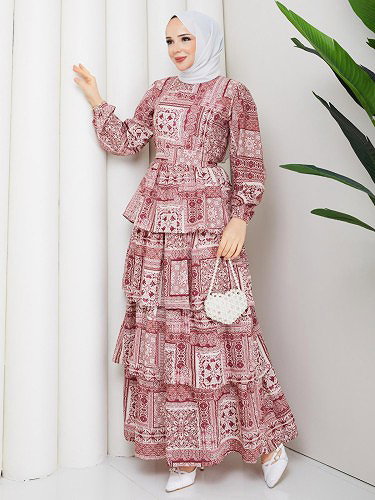 Eteği Katlı Desenli Elbise-5165 Bordo - Thumbnail