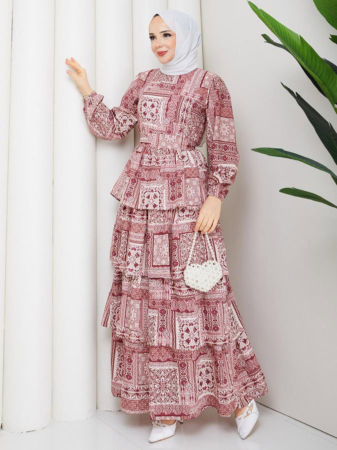 Eteği Katlı Desenli Elbise-5165 Bordo