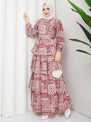 Modaebva - Eteği Katlı Desenli Elbise-5165 Bordo