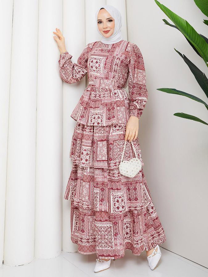 Eteği Katlı Desenli Elbise-5165 Bordo