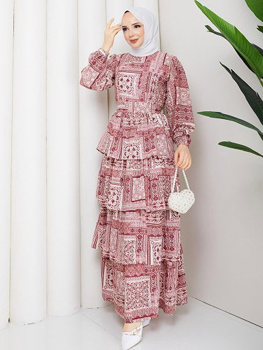 Eteği Katlı Desenli Elbise-5165 Bordo - Thumbnail