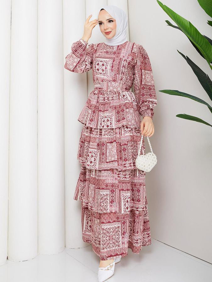 Eteği Katlı Desenli Elbise-5165 Bordo