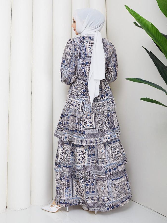 Eteği Katlı Desenli Elbise-5165 İndigo