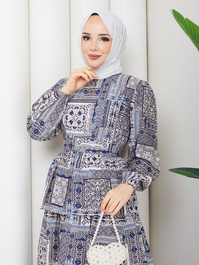 Eteği Katlı Desenli Elbise-5165 İndigo