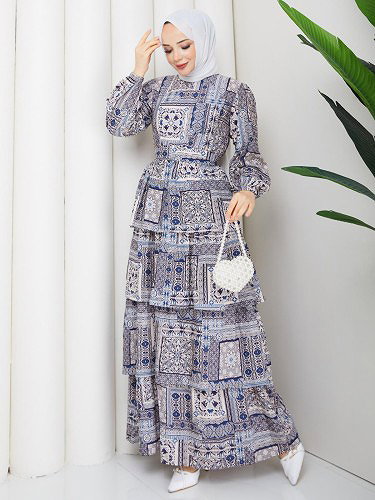 Eteği Katlı Desenli Elbise-5165 İndigo - Thumbnail