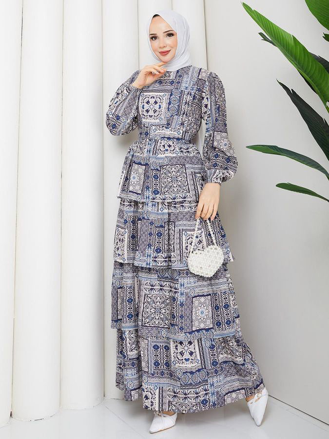 Eteği Katlı Desenli Elbise-5165 İndigo