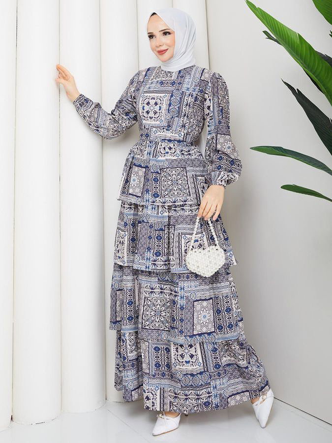 Eteği Katlı Desenli Elbise-5165 İndigo