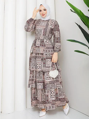 Eteği Katlı Desenli Elbise-5165 Kahverengi - Thumbnail