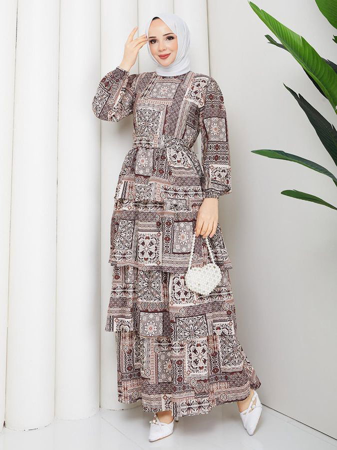Eteği Katlı Desenli Elbise-5165 Kahverengi