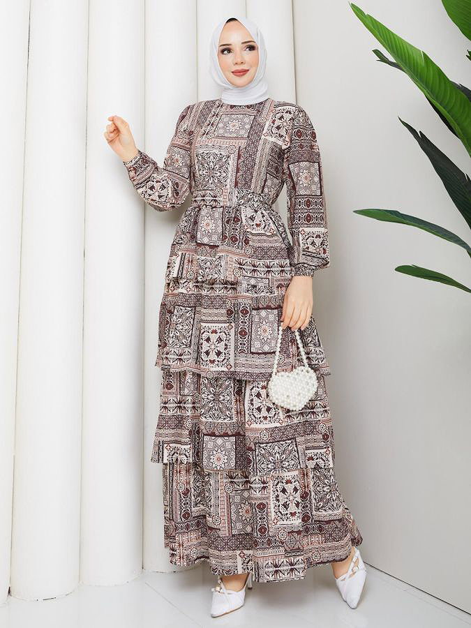 Eteği Katlı Desenli Elbise-5165 Kahverengi