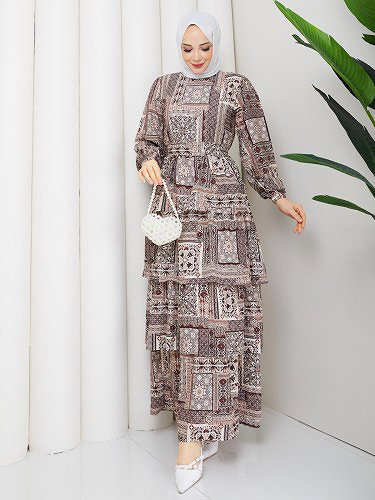 Eteği Katlı Desenli Elbise-5165 Kahverengi - Thumbnail