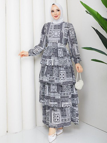 Eteği Katlı Desenli Elbise-5165 Siyah - Thumbnail