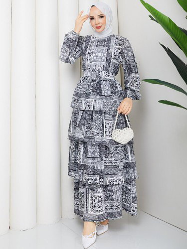 Eteği Katlı Desenli Elbise-5165 Siyah - Thumbnail