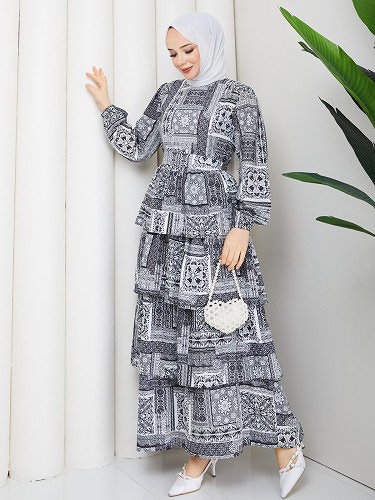 Eteği Katlı Desenli Elbise-5165 Siyah - Thumbnail