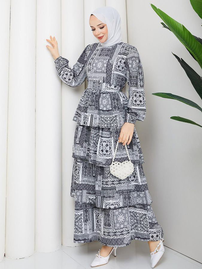 Eteği Katlı Desenli Elbise-5165 Siyah