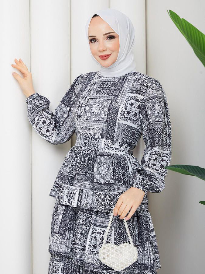 Eteği Katlı Desenli Elbise-5165 Siyah