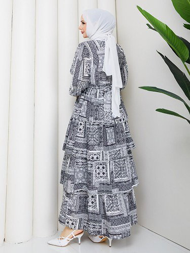 Eteği Katlı Desenli Elbise-5165 Siyah - Thumbnail