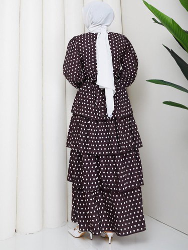 Eteği Katlı Puantiyeli Elbise-5162 Kahverengi - Thumbnail