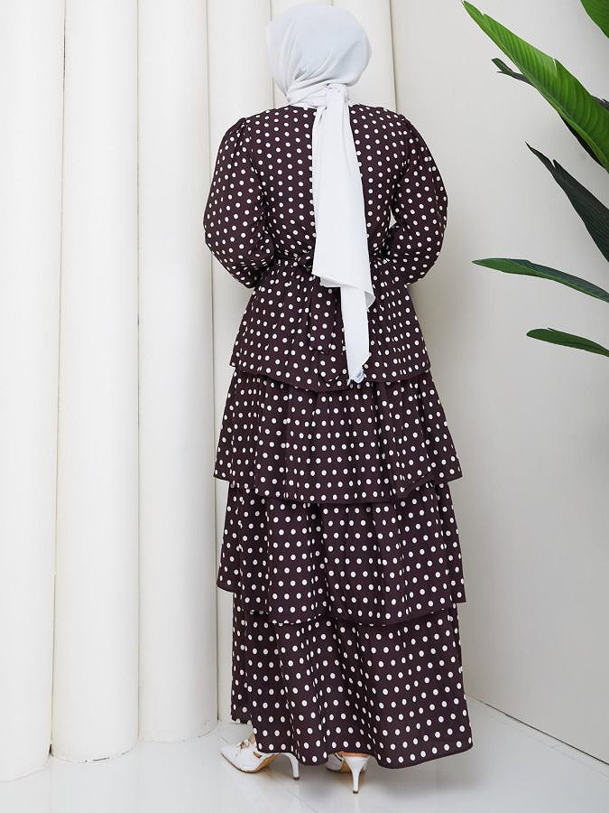 Eteği Katlı Puantiyeli Elbise-5162 Kahverengi