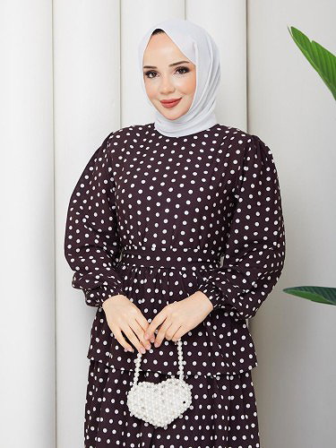 Eteği Katlı Puantiyeli Elbise-5162 Kahverengi - Thumbnail