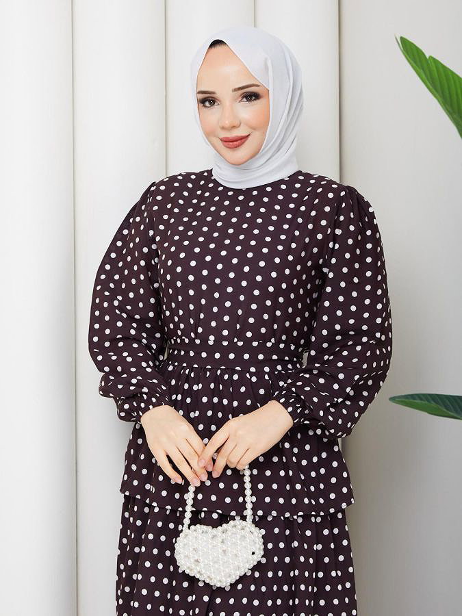 Eteği Katlı Puantiyeli Elbise-5162 Kahverengi