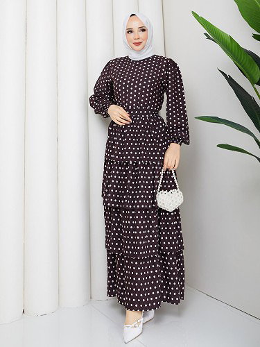 Eteği Katlı Puantiyeli Elbise-5162 Kahverengi - Thumbnail