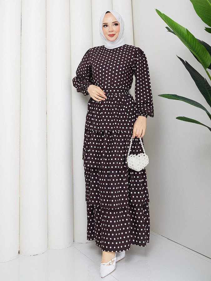 Eteği Katlı Puantiyeli Elbise-5162 Kahverengi