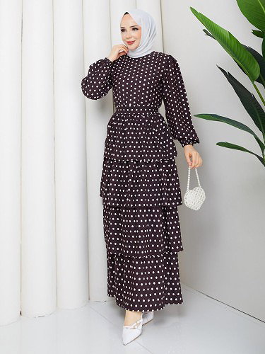 Eteği Katlı Puantiyeli Elbise-5162 Kahverengi - Thumbnail