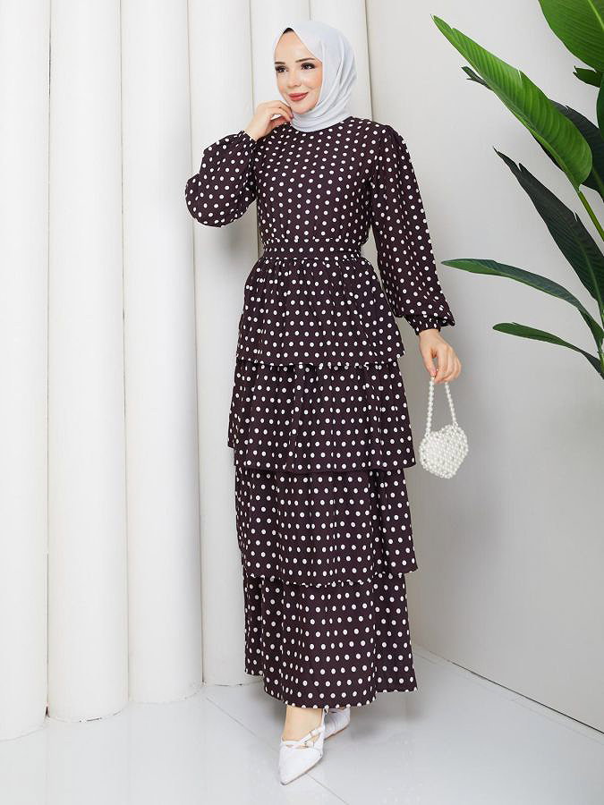 Eteği Katlı Puantiyeli Elbise-5162 Kahverengi