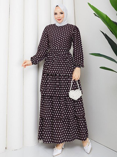 Eteği Katlı Puantiyeli Elbise-5162 Kahverengi - Thumbnail