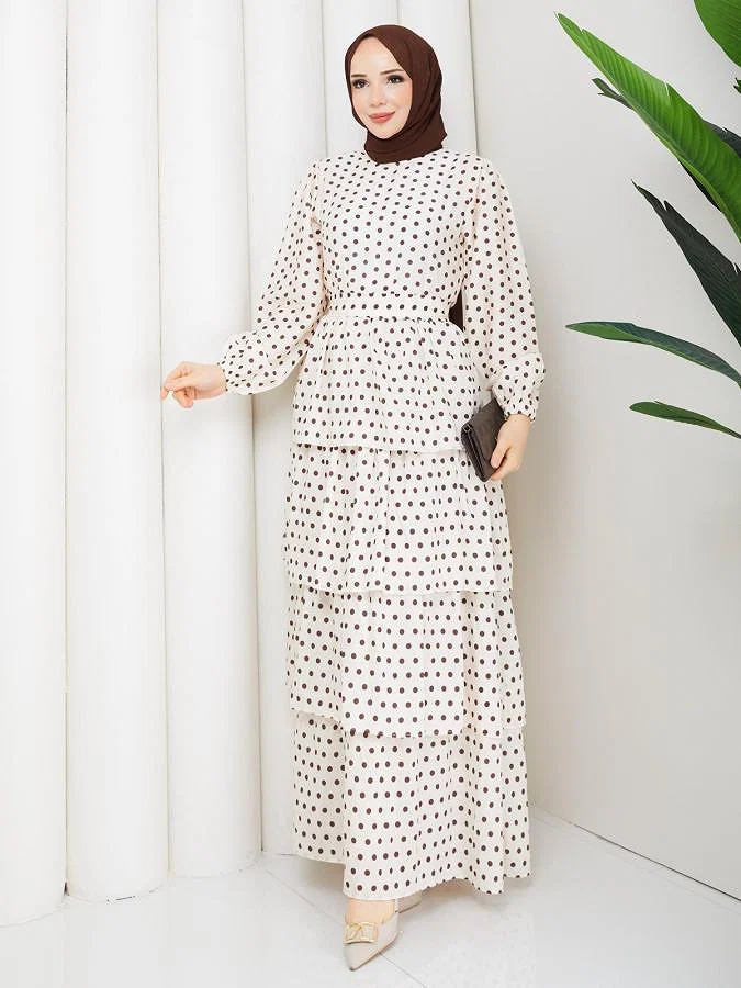 Eteği Katlı Puantiyeli Elbise-5162 Krem