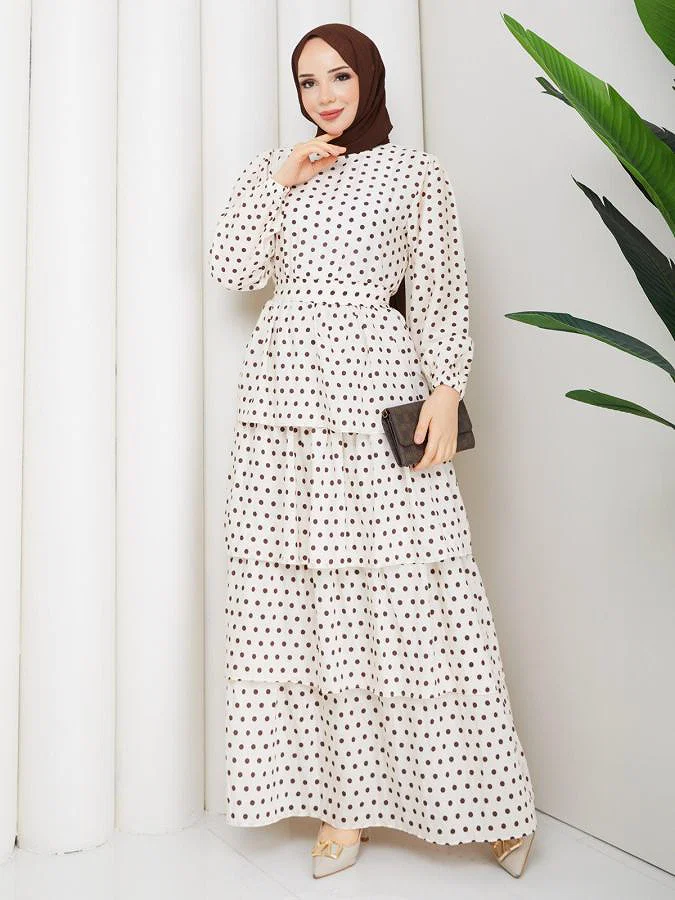 Eteği Katlı Puantiyeli Elbise-5162 Krem
